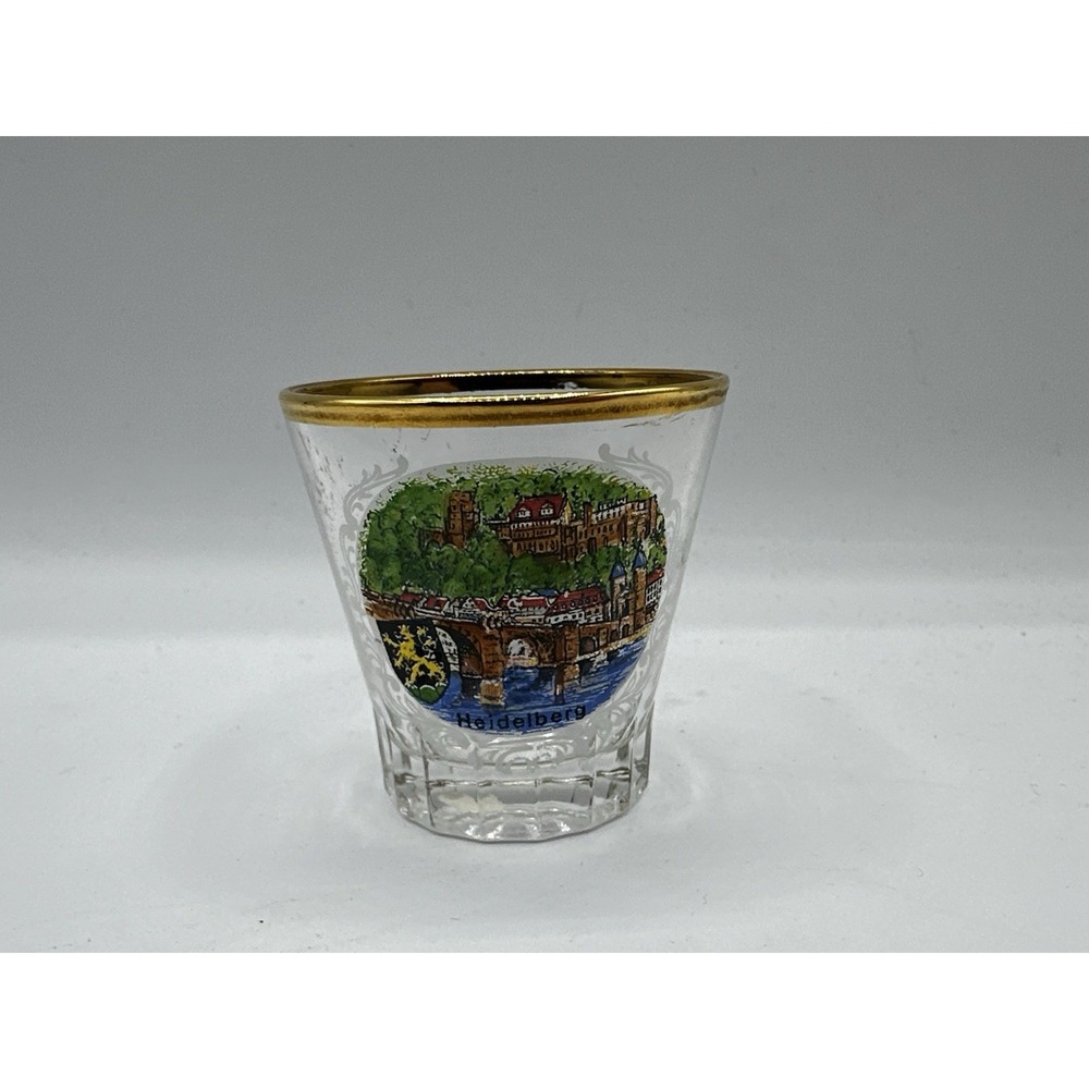 Vintage Heidelberg Germany Souvenir Shot Glass Gold Rim Castle Enamel Scene‎